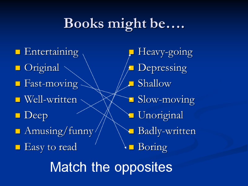 Books might be…. Entertaining Original Fast-moving Well-written Deep Amusing/funny Easy to read Heavy-going Depressing